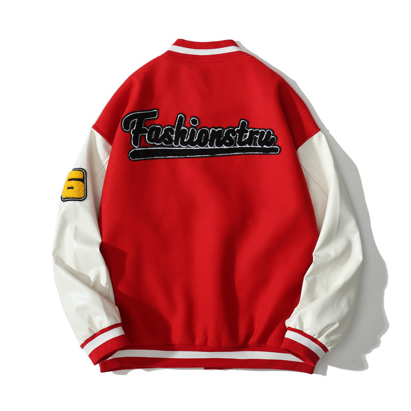 Red Varsity Jacket Vintage Love Embroidered Jacket Street Pu Stitching Cartoon Embroidery Couple Loose Baseball Uniform