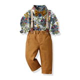 Children Boy Formal Shirt & Suspender Pants 2 Piece Set Children's Clothing Autumn Long Sleeve Printed Shirt