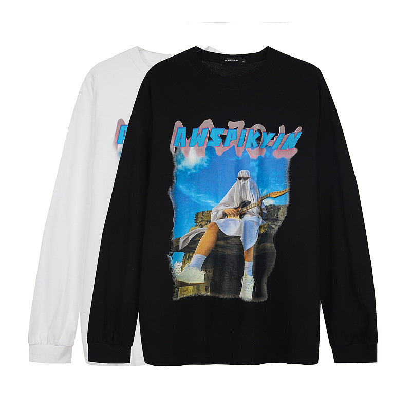 Mens Fall Outfits Figure Printed Crew Neck Sweatshirt Loose Spring and Autumn Long Sleeve T-shirt Top
