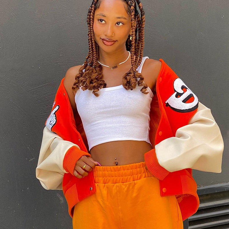 Brown Cropped Varsity Jacket Da 5744b Autumn and Winter Letter Printing Loose Baseball Uniform