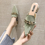 Finn Chain Pointed Toe Mule Closed Toe Half Slippers Summer Women's Pointed-Toe Mules Shoes Half Support