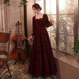 Burgundy Dresses For Wedding Autumn And Winter Long-Sleeved Red Wedding Evening Dress