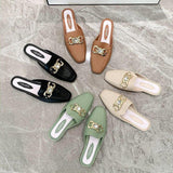 Finn Chain Pointed Toe Mule Rhinestone Bow Ferrule Half Slippers Faux Leather Women's Shoes