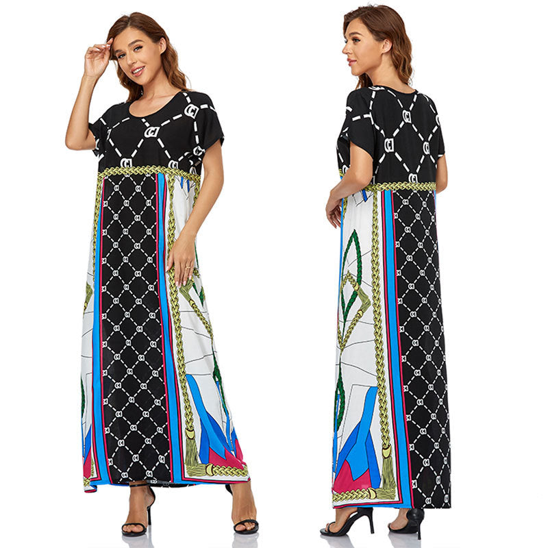 Muslim Women Stylish Kashibo Abaya Muslim Ladies Long Gown Islamic Clothing Jilbab Jalabiya Summer Short Sleeve Printed Robe