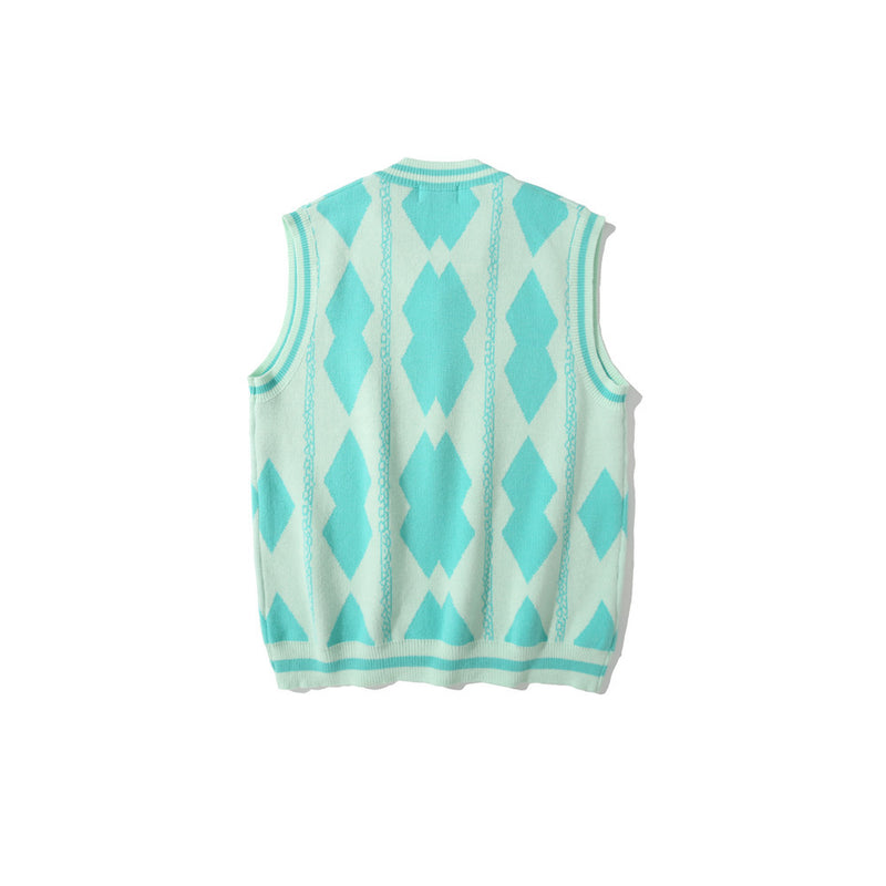 Men Sweater Vest Rhombus Jacquard Contrast Color Knitted Vest Men's Boyfriend Harajuku Style Loose V-neck Waistcoat Sleeveless Sweater