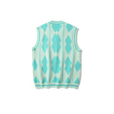 Men Sweater Vest Rhombus Jacquard Contrast Color Knitted Vest Men's Boyfriend Harajuku Style Loose V-neck Waistcoat Sleeveless Sweater