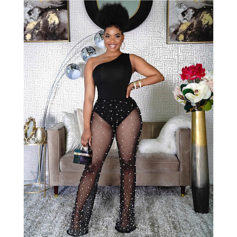 See through Pants Suit Women's Clothing Sexy Sheer Mesh White Dot Printed Milk Silk Black