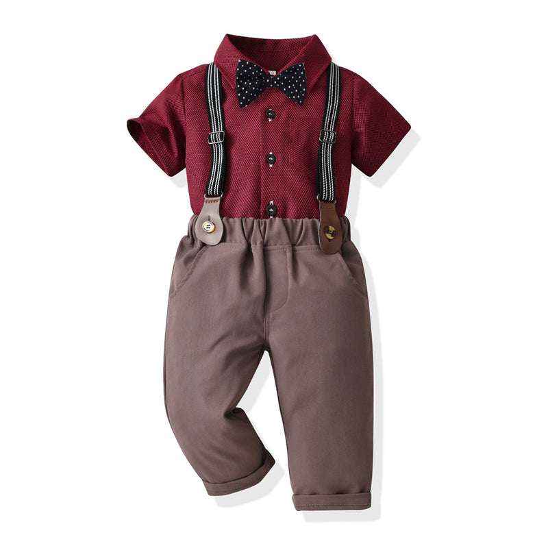 Children Boy Formal Shirt & Suspender Pants 2 Pieces Set Summer Short Sleeve Cotton Shirt Trousers Two-Piece Set