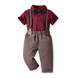 Children Boy Formal Shirt & Suspender Pants 2 Pieces Set Summer Short Sleeve Cotton Shirt Trousers Two-Piece Set