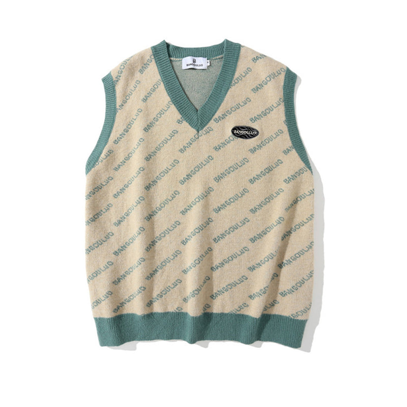 Men Sweater Vest Letter Jacquard Color Matching Sweater Vest Men's BF Idle Style Loose V-neck Sleeveless Sweater Pullover