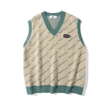 Men Sweater Vest Letter Jacquard Color Matching Sweater Vest Men's BF Idle Style Loose V-neck Sleeveless Sweater Pullover
