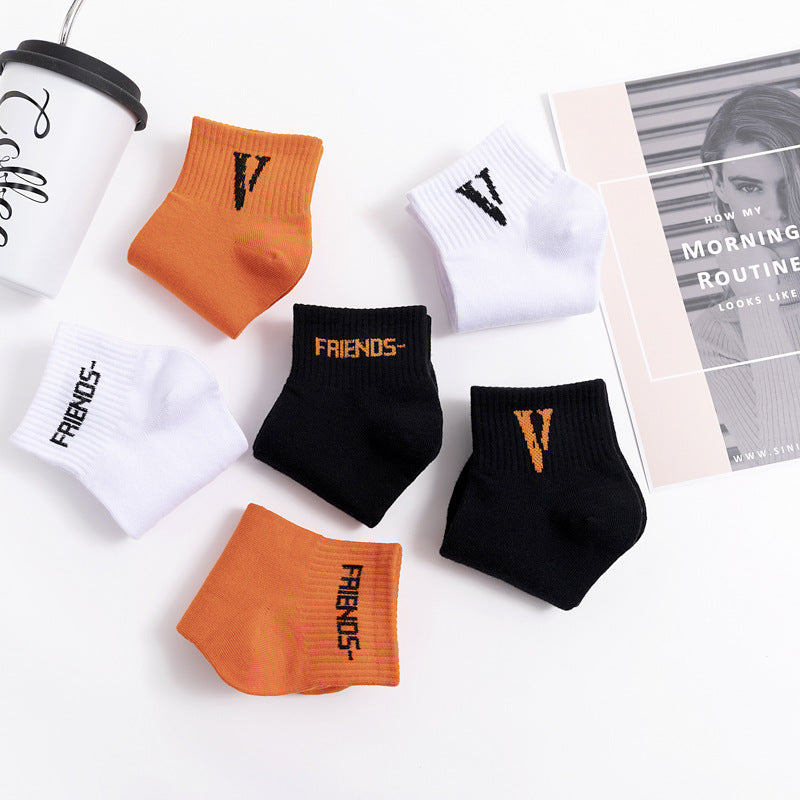 V Lone Socks Black Orange Large V-Shaped Boat Socks Spring and Summer Cotton Sports Hip-Hop