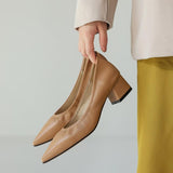 Nude Block Heels Soft Leather Chunky Heel High Heels Pointed Toe Pumps Leather Shoes