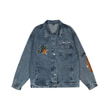 Men Denim Coat Jean Jackets Paste Cloth Embroidery Washed Do the Old Cowboy Coat Men's Loose Lapels Denim Jacket