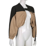 Khaki Cropped Varsity Jacket Short Lantern Sleeve Contrast Color Jacket