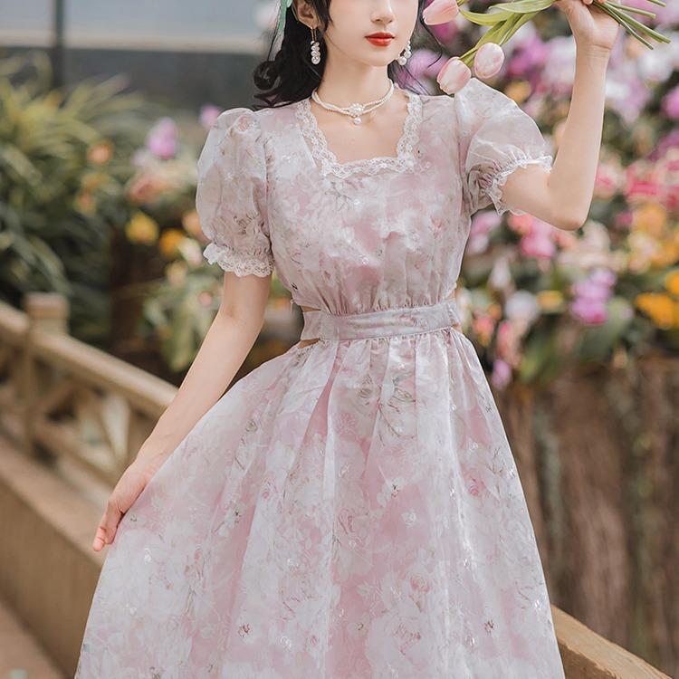 Women Cottagecore Dress Summer Gentle Floral Dress Fairy Holiday Dress