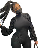 Autumn Solid Color round Stand Collar Long Sleeve Sexy Tight Trousers Jumpsuit