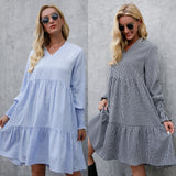 Gingham Dress Women's Summer Long Sleeve Big Hem V-neck Sexy Dress Women's