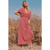 Mauve Dress Summer Short Sleeve Dress Solid Color And V-Neck Dress