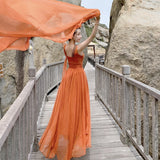 Burnt Orange Dress Summer Desert Travel Ethnic Style Rust Red Slant Shoulder Large Swing Dress Seaside Vacation Beach Dress