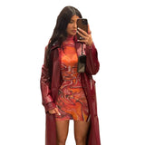 Homecoming Dresses Tight Autumn and Winter Printing See-through Stand-up Collar Long Sleeve Mid-Waist Stitching Hip Sexy Dress