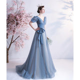 Women'S Evening Dress Ball Gown Princess Quinceanera Wedding Dresses Blue Starlight Deep V-Neck Puff Sleeve Banquet Host Evening Dress