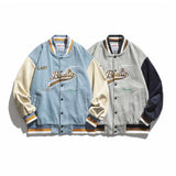 Baby Blue Varsity Jacket Autumn Coat Color Contrast Patchwork Baggy Casual Jacket