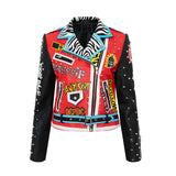 Women Leather Jacket Biker Motorcycle Coat Spring and Autumn Street Short Jacket Leather Coat Women's Long Sleeve Graffiti Red and Black Leather Coat