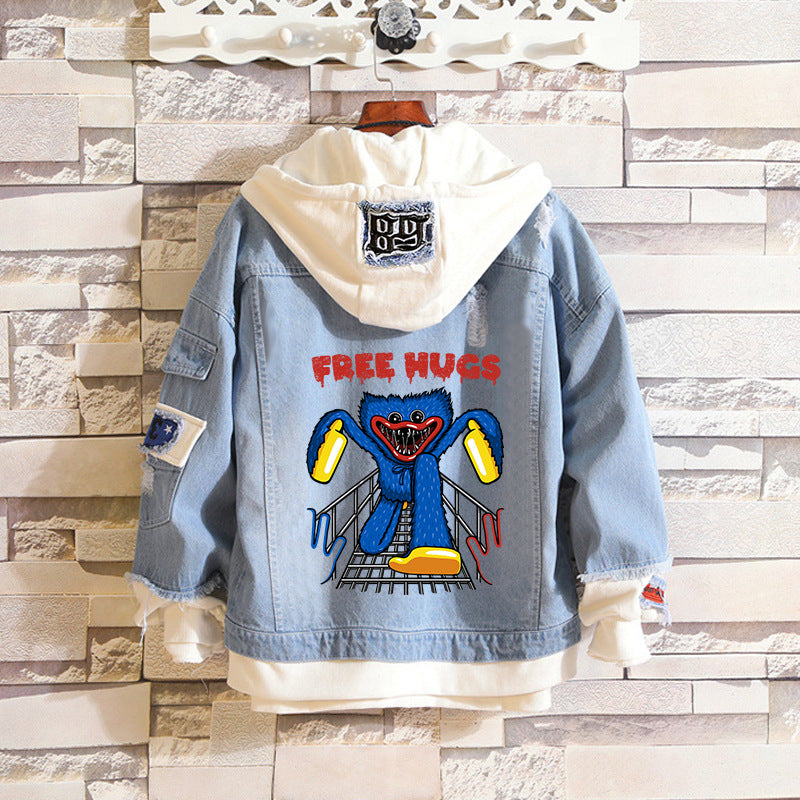 Comic Denim Jacket Men and Women Fashion Hooded Denim Jacket Spring and Autumn
