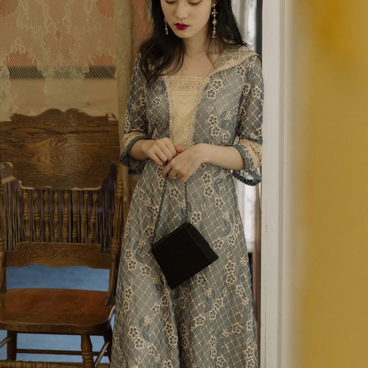 Women Retro Cottagecore Vintage Dress Square Collar Dres Vintage Embroidered Summer Short Sleeve Slimming Square Collar Dress