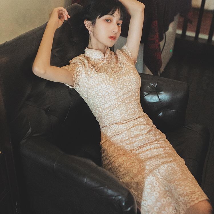 Women Retro Cottagecore Vintage Dress Retro Short Sleeve Stand Collar Summer Cheongsam Plaid Split Fishtail Dress