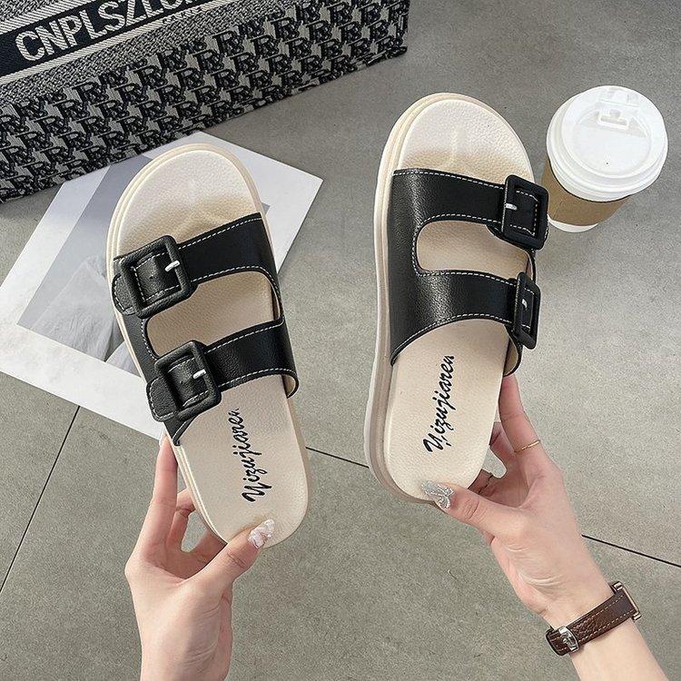 Women Open Toe Sandals Flats Summer Fashion Outdoor Belt Buckle Word Casual Sandals