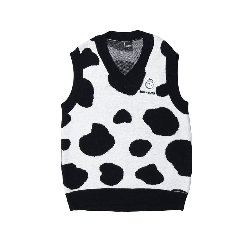 Men Sweater Vest Cow Spot Contrasting Color Jacquard Sweater Vest Men's Loose V-neck Sleeveless Coat Sweater Vest