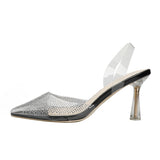 Nude Block Heels Closed Toe Transparent Rhinestone Sandals