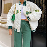 White Cropped Varsity Jacket Embroidered Retro Style Baseball Uniform Contrast Color Cotton-Padded Coat