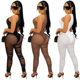 Party Pants Suits Sexy Nightclub Solid Color Sleeveless Mesh See-through Jumpsuit