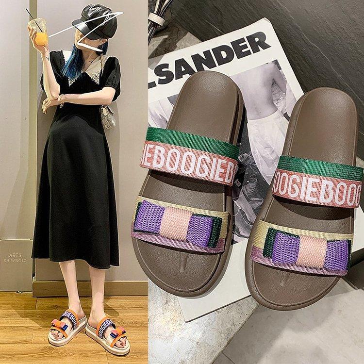 Women Open Toe Sandals Flats Plus Size Bow Platform Slippers Color Matching Casual Slippers