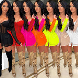 See through Pants Suit Fashion Solid Color Women's Clothing Mesh See-through Chest Wrap Long Sleeve Shorts Two-Piece Set