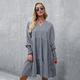 Gingham Dress Women's Summer Long Sleeve Big Hem V-neck Sexy Dress Women's