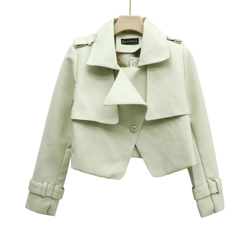 Women PU Leather Jacket Biker Motorcycle Coat Suit Collar Small Coat Autumn Short Temperamental PU Leather Coat