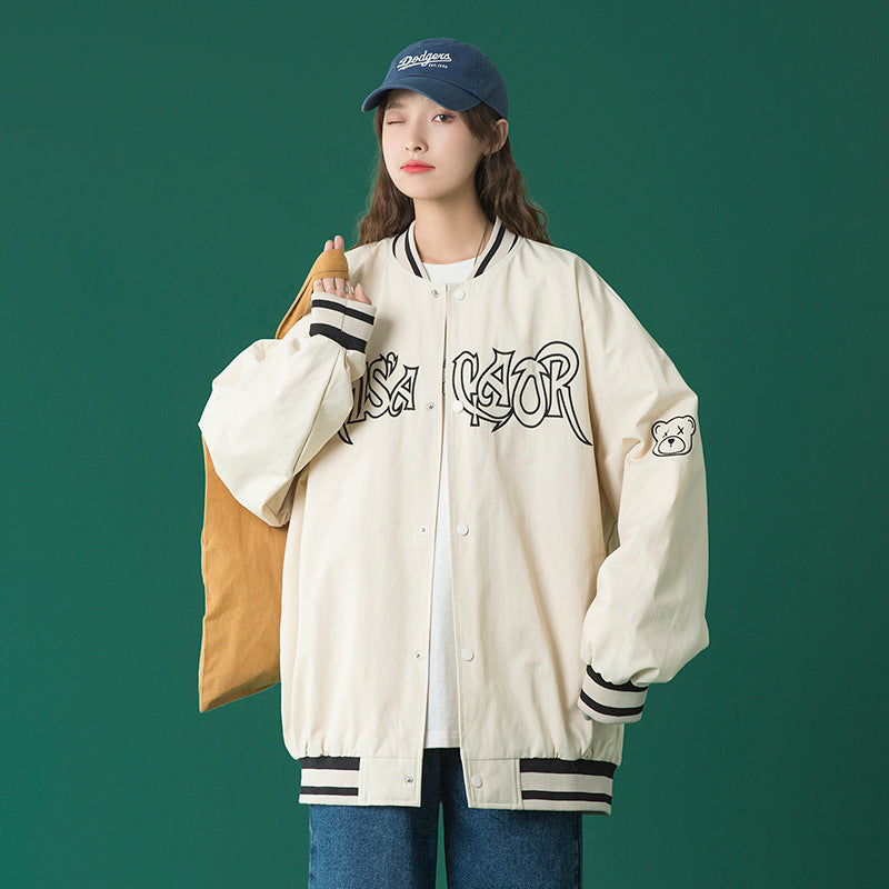 Beige Varsity Jacket Baseball Jacket Women's Retro Spring and Autumn Student Loose Leisure All-Matching Autumn Wear Jacket
