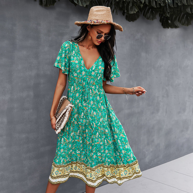 Emery Rose Dresses Printed Dress Spring/Summer V-neck Short Sleeve Bohemian Style
