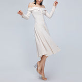 Women Spring Dress Sling off-Shoulder Mid-Length Dress Slim French White Lady Dress