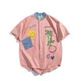 Baggy Baseball Jersey Animal Smiley Printed Cotton Short-Sleeved Shirt Men's Loose Casual