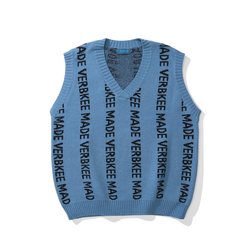 Men Sweater Vest Letter Jacquard Sweater Vest Men's Loose V-neck Vest Idle Style Sleeveless Sweater
