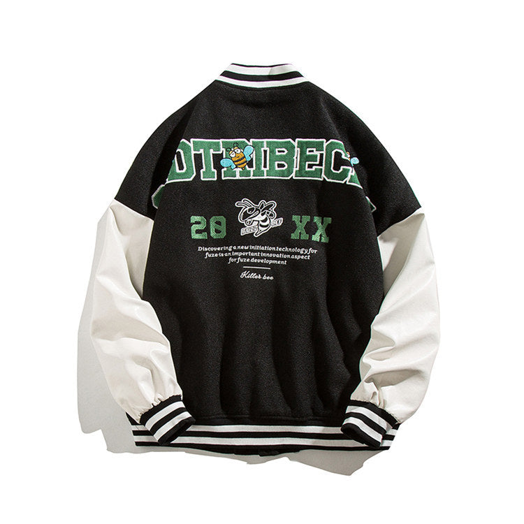 Green Varsity Jacket Fall Men's Baseball Uniforms Campus Fresh Contrast Color Stitching Loose Jacket