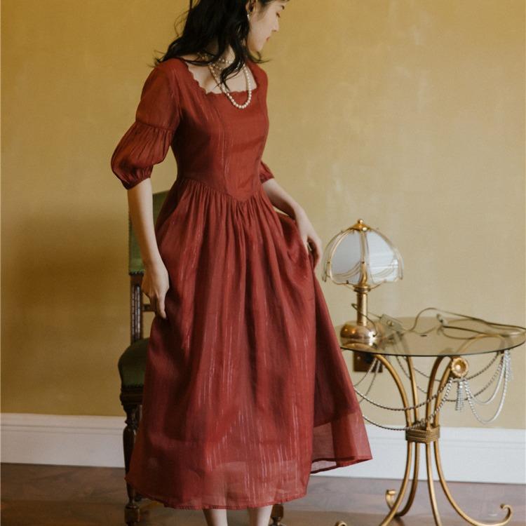 Women Retro Cottagecore Vintage Dress Square Collar Dres Summer Retro Square Collar Red Short Sleeve Dress