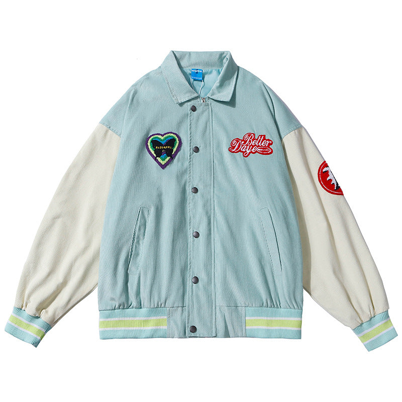 Corduroy Varsity Jacket Vintage Multicolor Jacket Embroidered Baseball Uniform Men's and Women's Spring and Autumn Baggy Coat