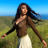 Women Rave Outfits Tops Spring Women's Clothing Sexy Transparent Lace Edge See-through round Neck