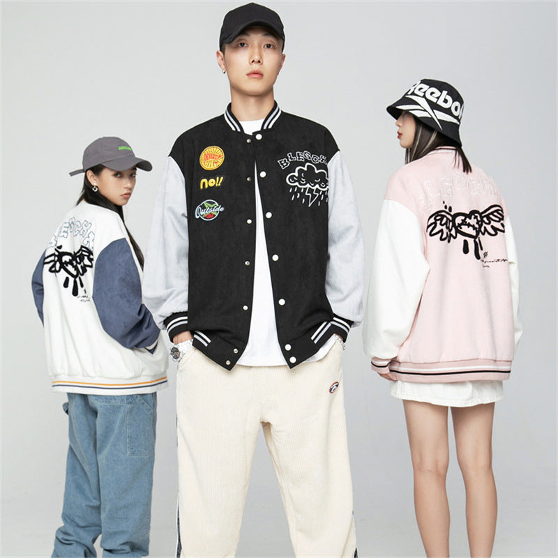 Black Varsity Jacket Autumn Embroidery Loose Men's Jacket Casual Sports Couple Coat